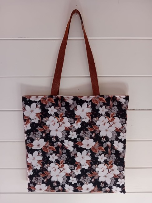 Tote bag Fleur aux fleurs blanches et feuillages camel sur fond noir, création originale dans les Vosges