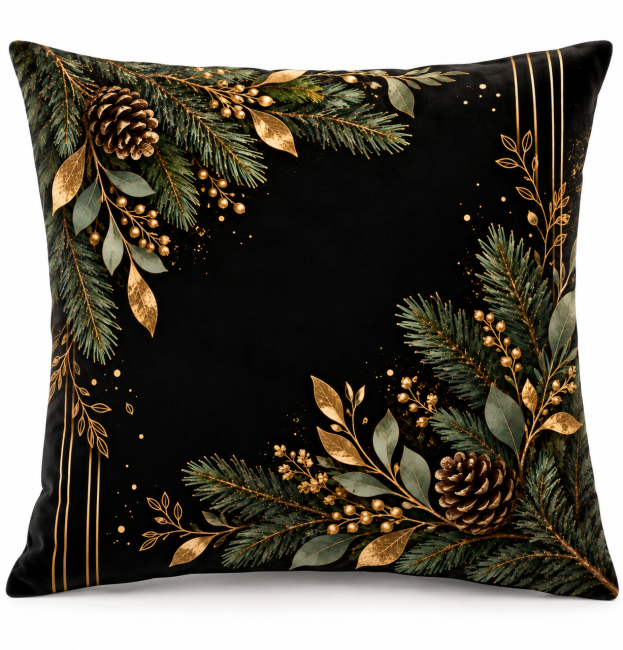 Housse de coussin Sapin et Or en velours noir (45x45 cm) | Déco Montagne Housse de coussin Sapin et Or en velours noir, ornée de branches de sapin, pommes de pin, feuillages verts et détails dorés.