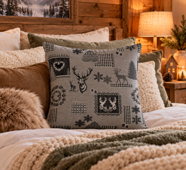 Housse de coussin montagne cerf et flocons gris 45x45 | Déco Chalet Housse de coussin montagne cerf et flocons gris sur lit dans une chambre esprit chalet
