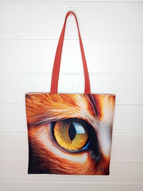 Tote bag œil de chat avec motif d’œil ambré et anses orange – Les Cabas en folie