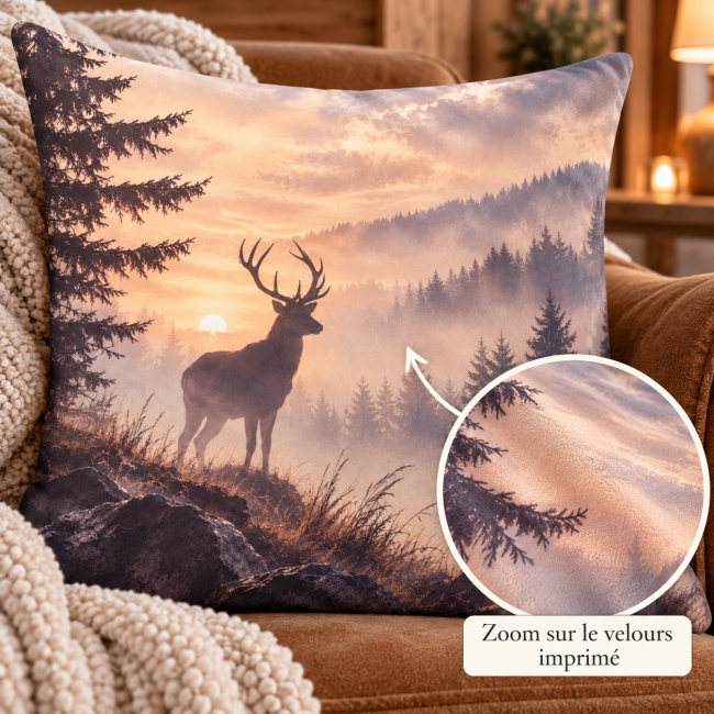 Zoom sur le velours imprimé de la housse de coussin Cerf dans la brume