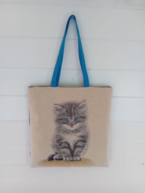 Tote bag Chaton aux yeux bleus en toile jacquard avec suédine bleu canard – Bonnes affaires | Les Cabas en folie