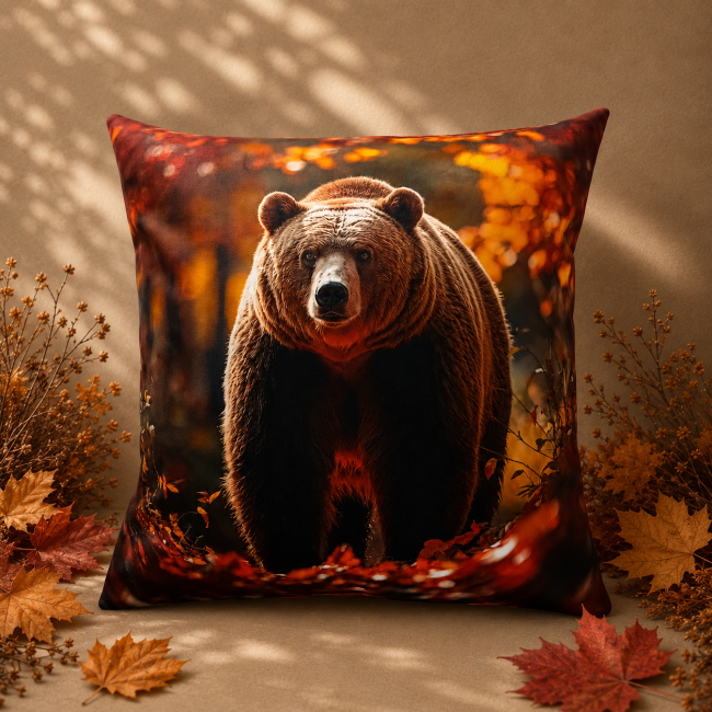 Housse Coussin Ours Velours 45x45 | Motifs Animaux Vosges | Les Cabas en folie Housse de coussin animaux ours en foret dans un salon chaleureux et cocooning