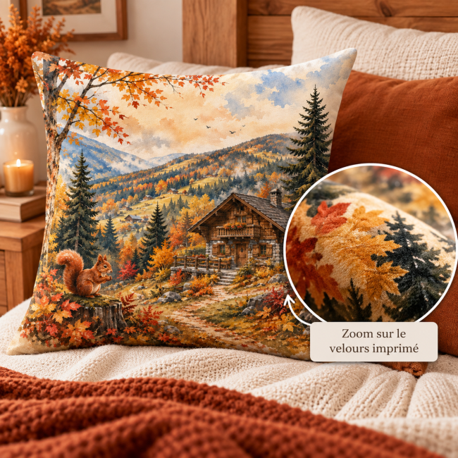 Zoom sur le velours imprimé de la housse de coussin Chalet en automne