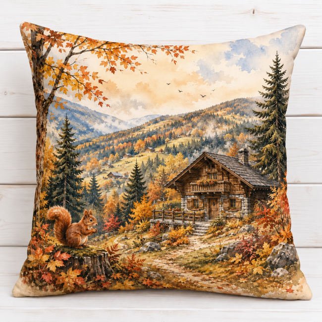 Housse de coussin velours imprimé Chalet vosgien en automne 45x45 cm confectionnée à Gérardmer