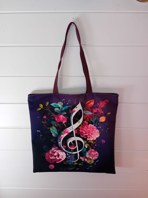 Tote bag en velours avec clé de sol, fleurs .