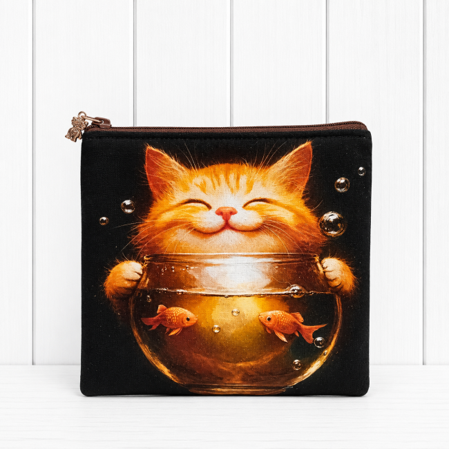 Trousse multi-usage, motif chat et son bocal à poissons – Confectionnée dans les Vosges | Les Cabas en folie Trousse multi-usage motif chat roux et son bocal à poissons, modèle unique confectionné dans les Vosges