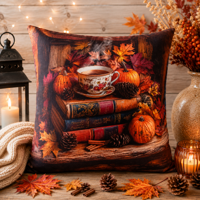 Housse Coussin Thé Livres Automne Velours 45x45 | Vosges Housse de coussin automne tasse de thé et livres dans un coin lecture cocooning