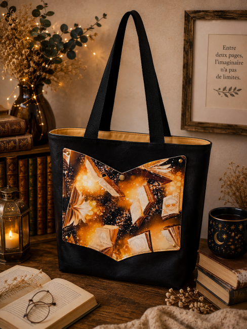Sac cabas Les Livres enchantés présenté dans une ambiance chaleureuse et élégante autour de la lecture – Les Cabas en folie