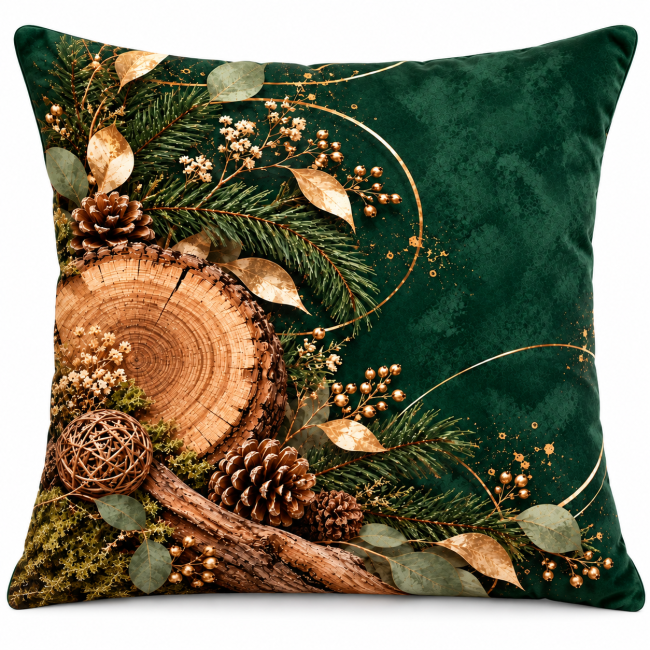 Housse de coussin Bois et Sapin en velours imprimé vert, avec rondin de bois, pommes de pin et branches de sapin, format 45x45 cm.