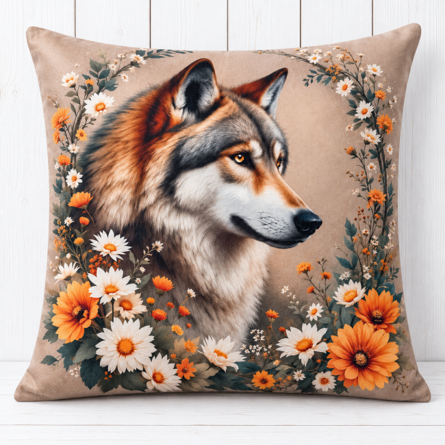 Housse Coussin Loup Velours 45x45 | Déco montagne Vosges Housse de coussin Loup et fleurs en velours (45 x 45 cm), confectionnée à Gérardmer
