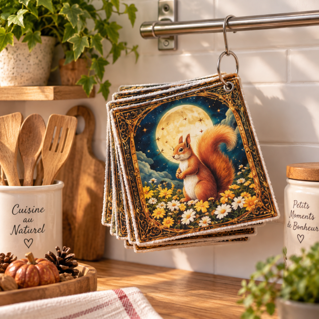 Lot de 6 essuie-tout lavables – Écureuil et Marmotte | Les Cabas en folie Lot de 6 essuie-tout lavables Écureuils et marmottes, 20x20 cm, suspendus dans une cuisine avec anneau ouvrable