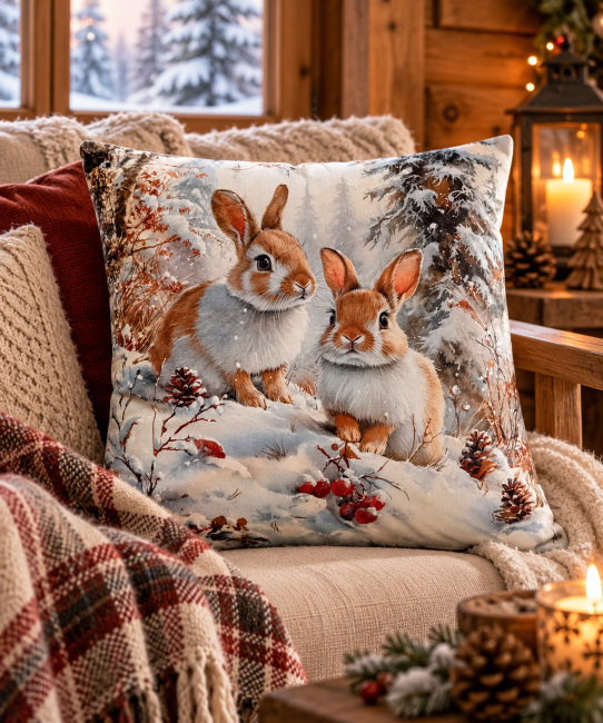 Housse Coussin Lapins de la Forêt Velours 45x45 | Déco Chalet & montagne Housse de coussin Lapins de la Forêt en velours, décoration cocooning hivernale sur canapé dans une ambiance chaleureuse de chalet.