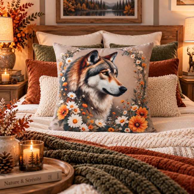 Housse Coussin Loup Velours 45x45 | Déco montagne Vosges Housse de coussin Loup et fleurs en velours dans une décoration chambre cocooning