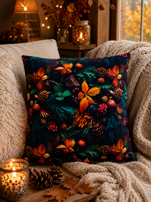 Housse Coussin Feuillage Automne Velours 45x45 | Vosges Housse de coussin motifs automne et forêt dans un salon chaleureux et cocooning