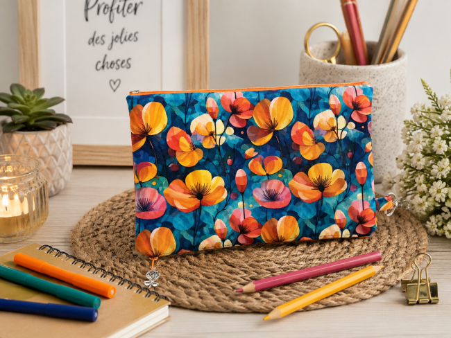 Trousse multi-usage à motif floral coloré présentée dans une jolie mise en scène déco