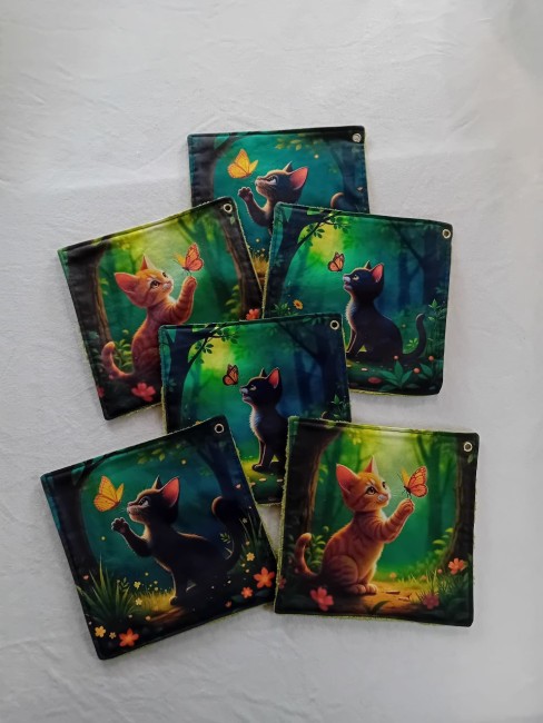 Lot de 6 essuie-tout lavables motifs chats et papillons dans un décor forestier, en éponge bambou et coton imprimé