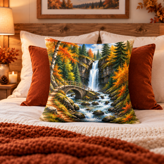 Housse de coussin velours Cascade sapins 45x45 cm | Déco chalet Vosges Housse de coussin Cascade au cœur des sapins en velours dans une décoration chambre cocooning