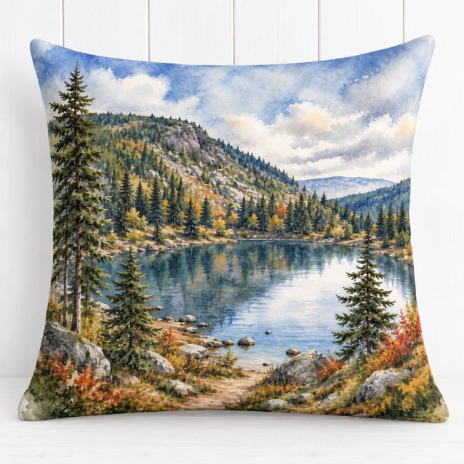Housse de coussin Lac de montagne en automne en velours 45x45 cm, création artisanale de Gérardmer dans les Vosges