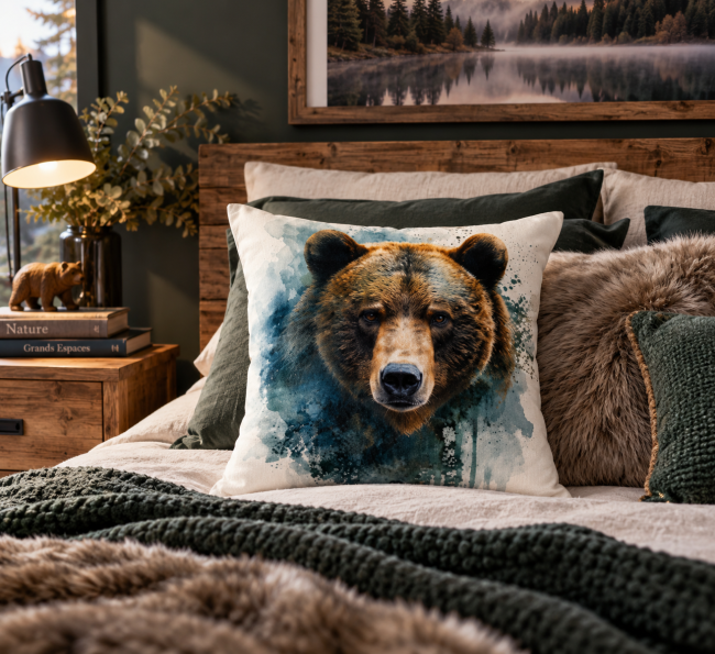 Housse Coussin Portrait d'Ours Velours 45x45 | Animaux Vosges Housse de coussin Portrait d'ours en velours 45x45 cm, mise en scène sur un lit dans une décoration nature et chaleureuse