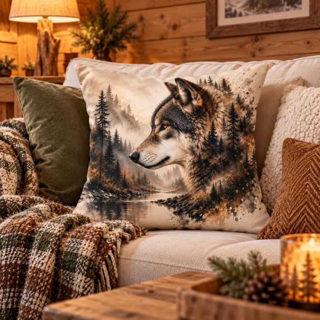 Housse de coussin Loup sauvage en velours, mise en scène sur un canapé dans une ambiance chalet cosy.