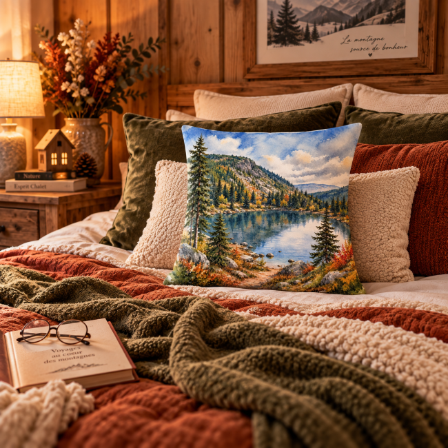 Housse de coussin Lac de montagne, velours, 45x45 cm | Déco Montagne Housse de coussin Lac de montagne en automne en velours dans une décoration chambre cocooning