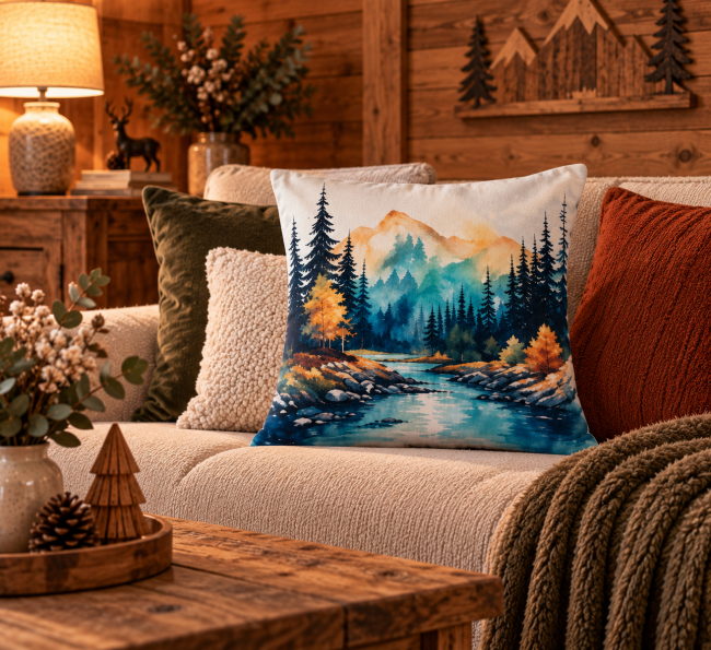 Housse de coussin Sapins en velours 45x45 cm, mise en scène sur un canapé dans un chalet esprit cocooning