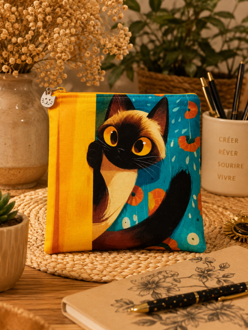 Trousse multi-usage motif chat farceur dans une ambiance colorée et chaleureuse