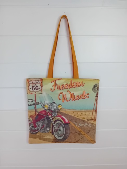 Tote bag Route 66 Freedom Wheels avec moto et motif vintage américain – Bonnes affaires | Les Cabas en folie