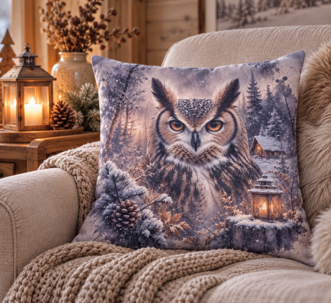 Housse de coussin Hibou des neiges en velours imprimé 45x45cm / Déco Montagne Housse de coussin Hibou des neiges en velours imprimé pour une décoration cocooning inspirée de la montagne