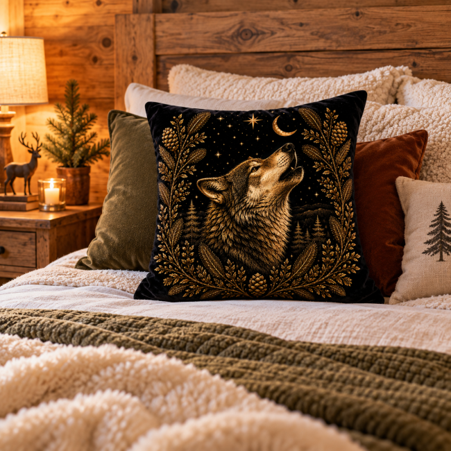 Housse de coussin Loup hurlant en velours 45x45 cm | Déco Montagne Housse de coussin loup hurlant en velours sur un lit dans une décoration montagne chalet