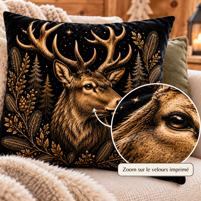 Housse de coussin Tête de cerf en velours 45x45 cm | Déco Montagne Zoom sur le velours imprimé de la housse de coussin tête de cerf