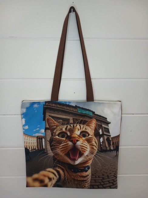 Tote bag artisanal Chat à Paris avec Arc de Triomphe et anses marron