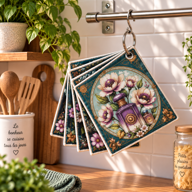 Lot de 6 essuie-tout lavables Fleurs et flacons de parfum vintage, 20x20 cm, suspendus dans une cuisine avec anneau ouvrable