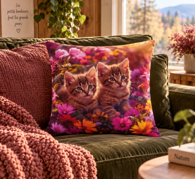 Housse Coussin Deux Chatons Velours 45x45 | Animaux Vosges Housse de coussin Deux chatons en velours 45x45 cm, mise en scène sur un canapé dans une décoration chaleureuse et cocooning