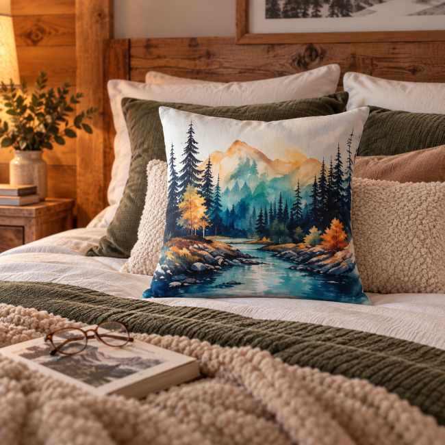 Housse de coussin Sapins en velours 45x45 cm, mise en scène sur un lit dans une décoration chalet