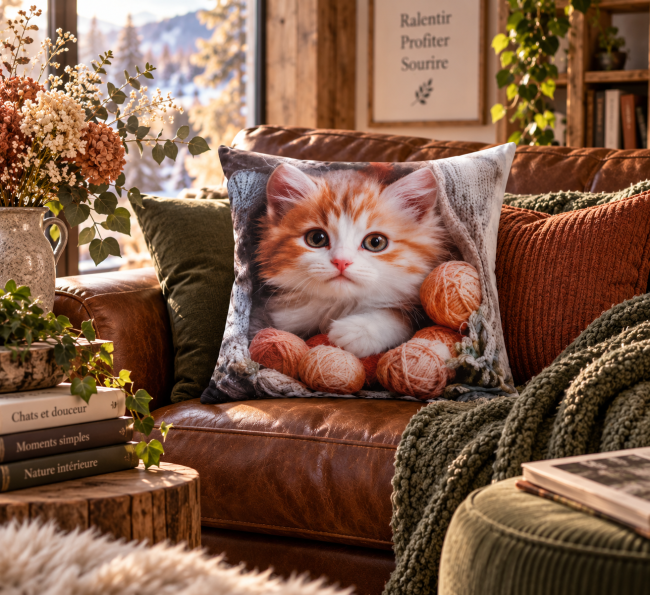 Housse de coussin Chaton et pelotes de laine en velours 45x45 cm, mise en scène sur un canapé en cuir dans une décoration chaleureuse et cocooning