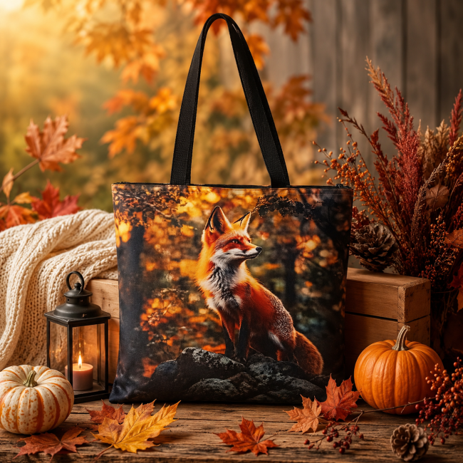 Tote bag artisanal « Renard en forêt » avec motif de renard dans une forêt aux couleurs automnales
