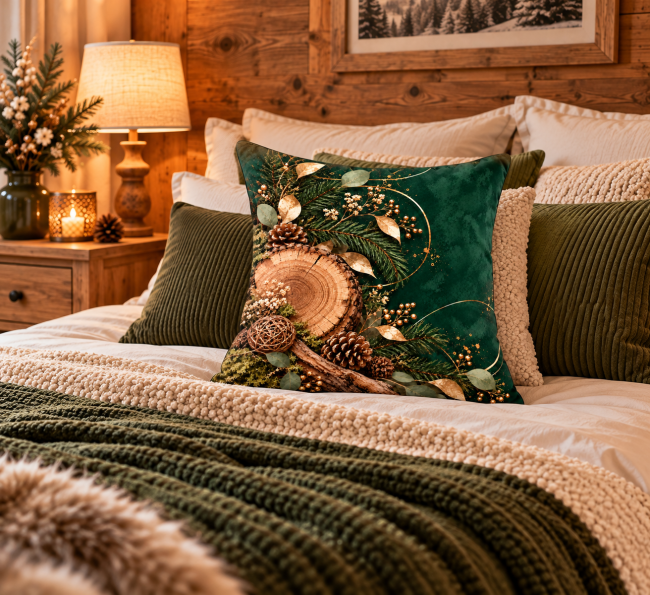 Housse de coussin Bois et Sapin en velours vert sur un lit à la décoration chic et chaleureuse, esprit chalet.