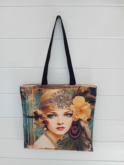 Tote bag Femme des années 20 au motif de portrait féminin rétro, modèle unique dans les Vosges