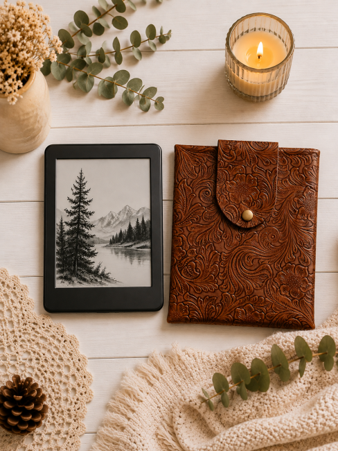 Pochette pour liseuse en simili-cuir brun avec motifs en relief présentée avec une liseuse dans une mise en scène déco