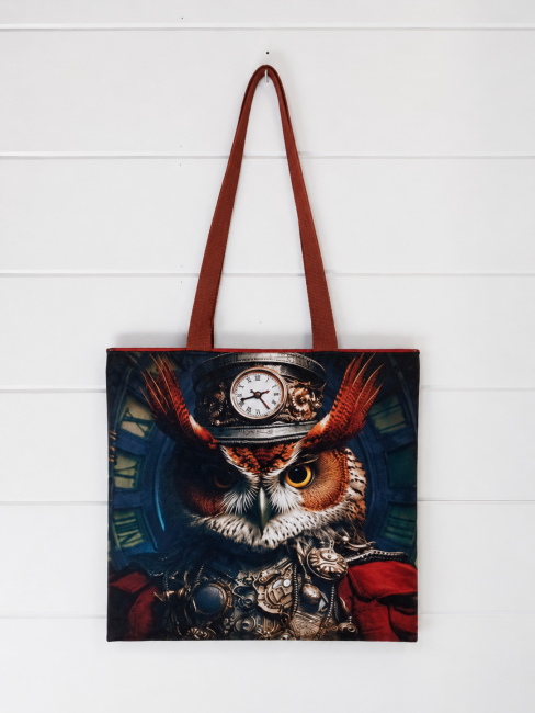 Tote bag Steampunk avec hibou, horloge et motifs mécaniques