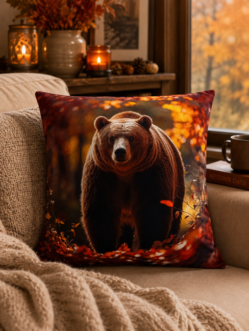 Housse Coussin Ours Velours 45x45 | Motifs Animaux Vosges | Les Cabas en folie Housse de coussin animaux ours en foret dans un salon chaleureux et cocooning
