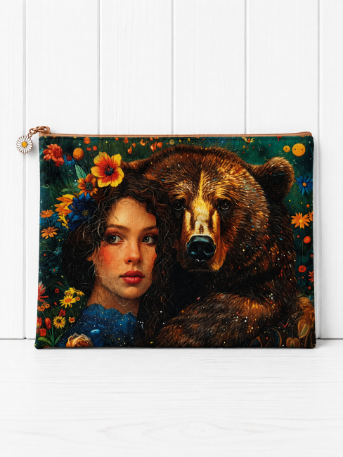 Trousse multi-usage motif femme et ours, modèle unique fait main dans les Vosges