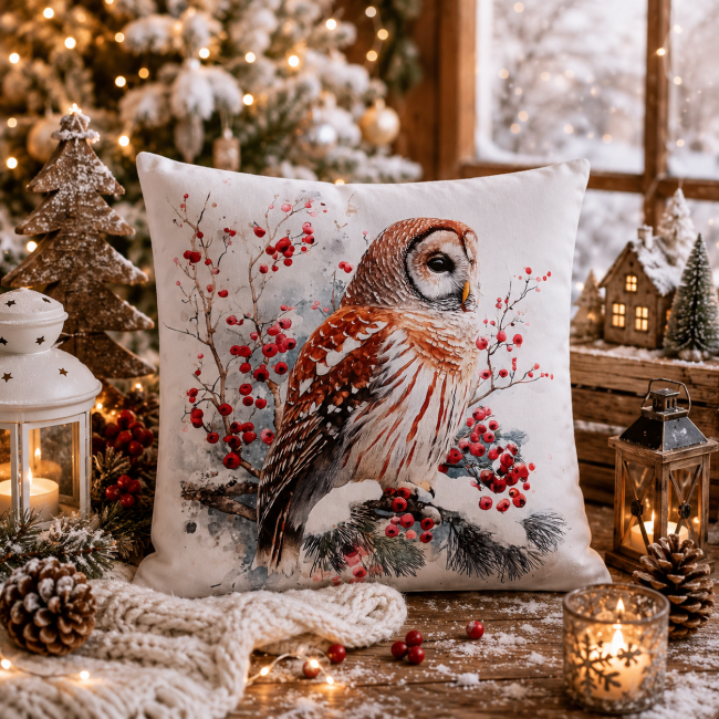 Housse de coussin Chouette et Baies Rouges en velours | Déco Montagne & chalet Housse de coussin Chouette et Baies Rouges en velours, décoration hivernale de chalet avec sapin enneigé, lanternes et bougies.