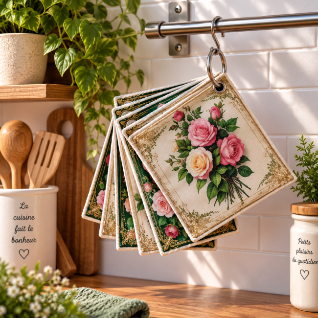 Lot de 6 essuie-tout lavables Roses élégantes, 20x20 cm, suspendus dans une cuisine avec anneau ouvrable