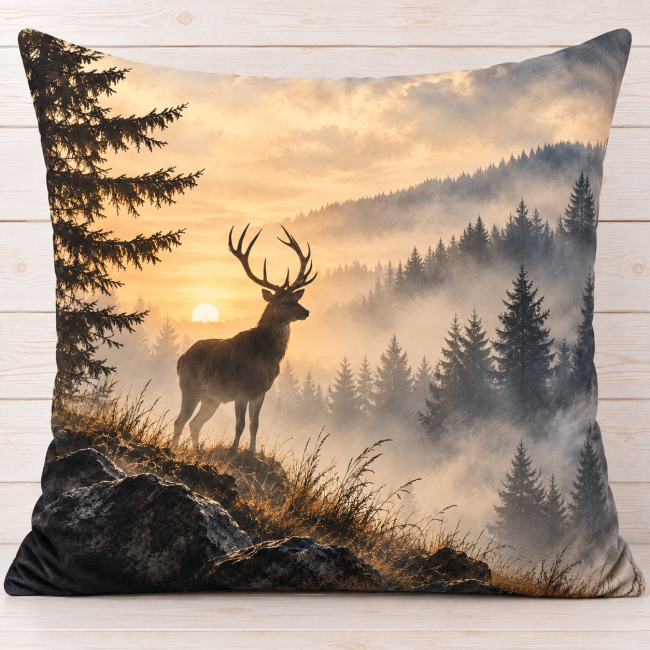 Housse de coussin Cerf dans la brume en velours 45x45 cm