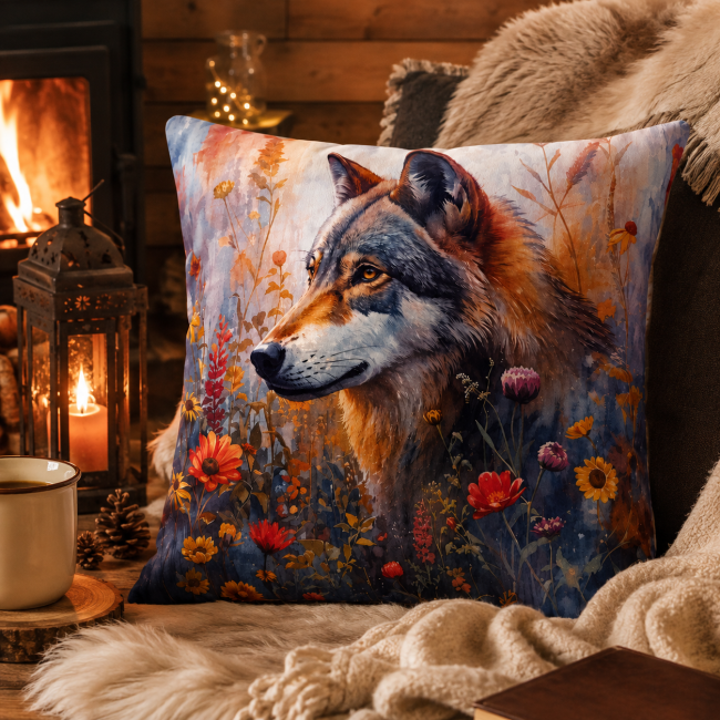 Housse de coussin portrait de loup en velours imprimé 45x45 cm