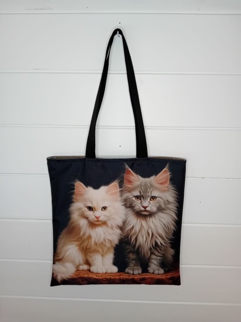 Tote bag Chatons Complices avec motif de deux chatons sur fond sombre, confection artisanale dans les Vosges