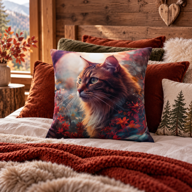 Housse de coussin Chat dans la forêt automnale en velours 45x45 cm, mise en scène sur un lit dans une décoration chaleureuse et cocooning